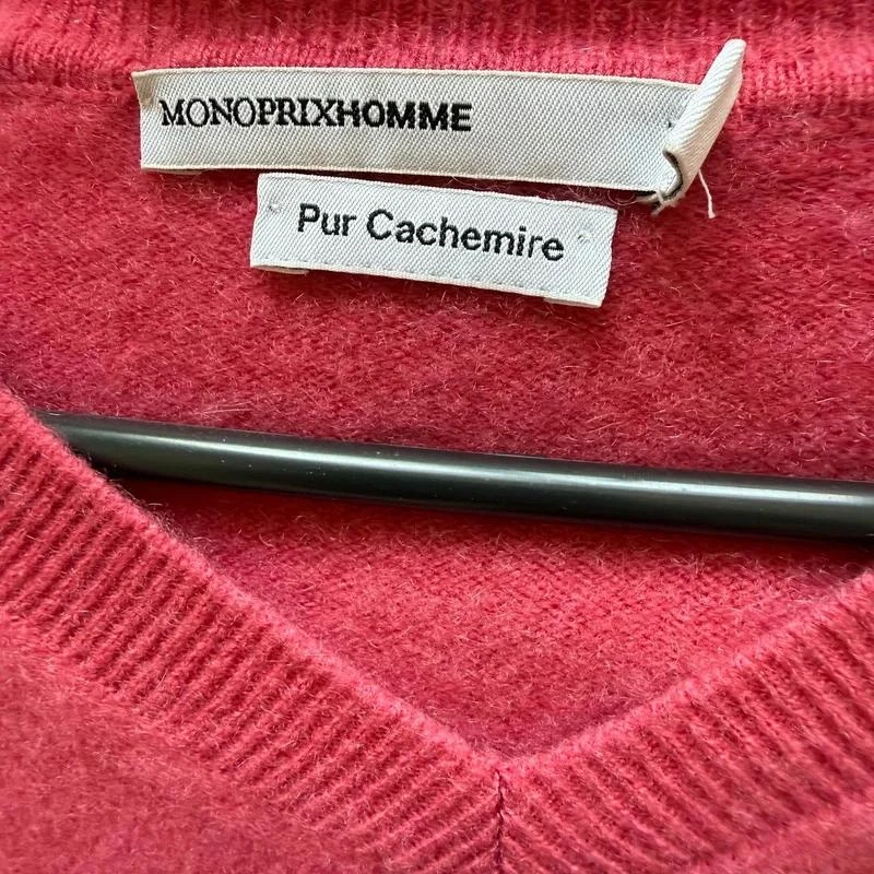 🧶 Monoprix Homem Suéter 100 % Cashmere Gola V GG Vermelho Framboesa Old Money – photo 2
